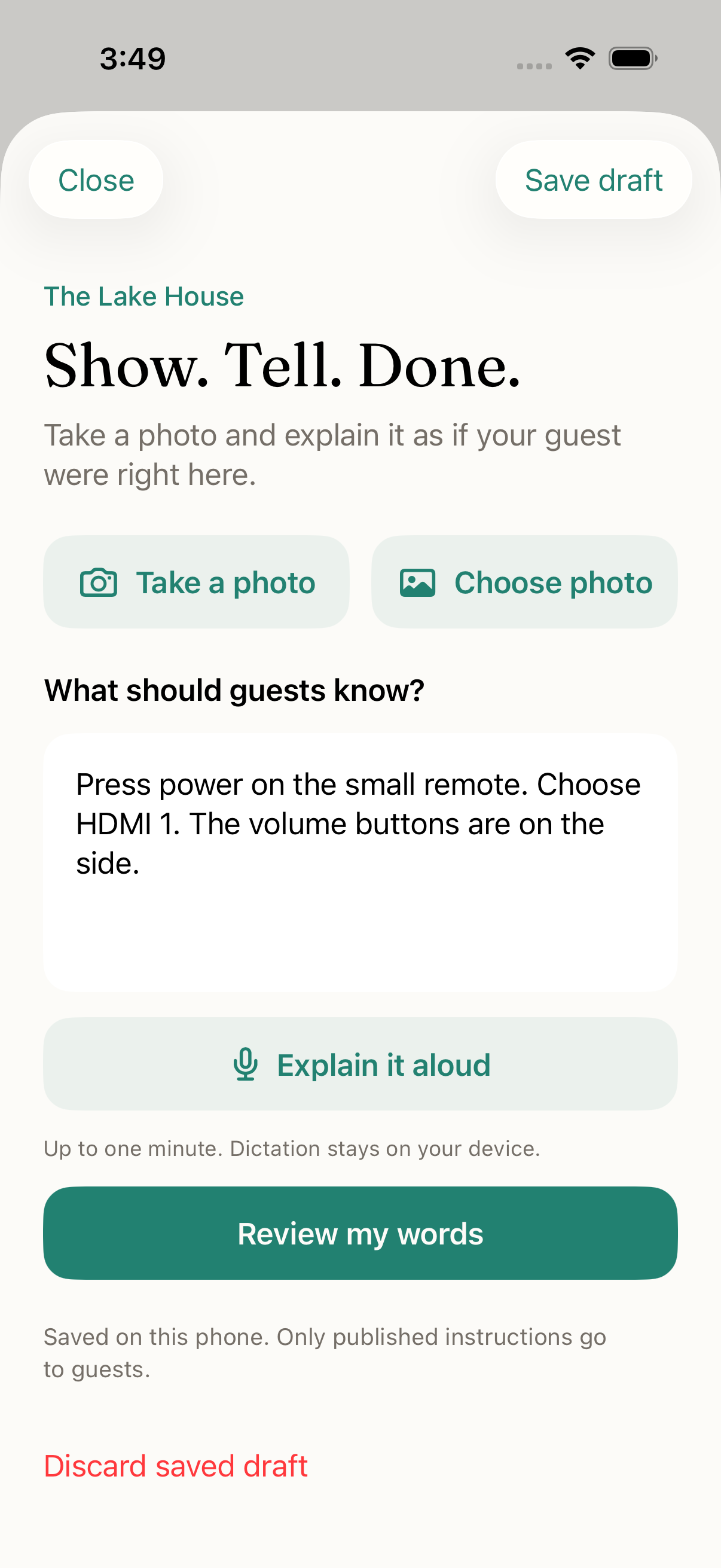 StayBetter iPhone editor with photo capture, a typed explanation, and a review action.