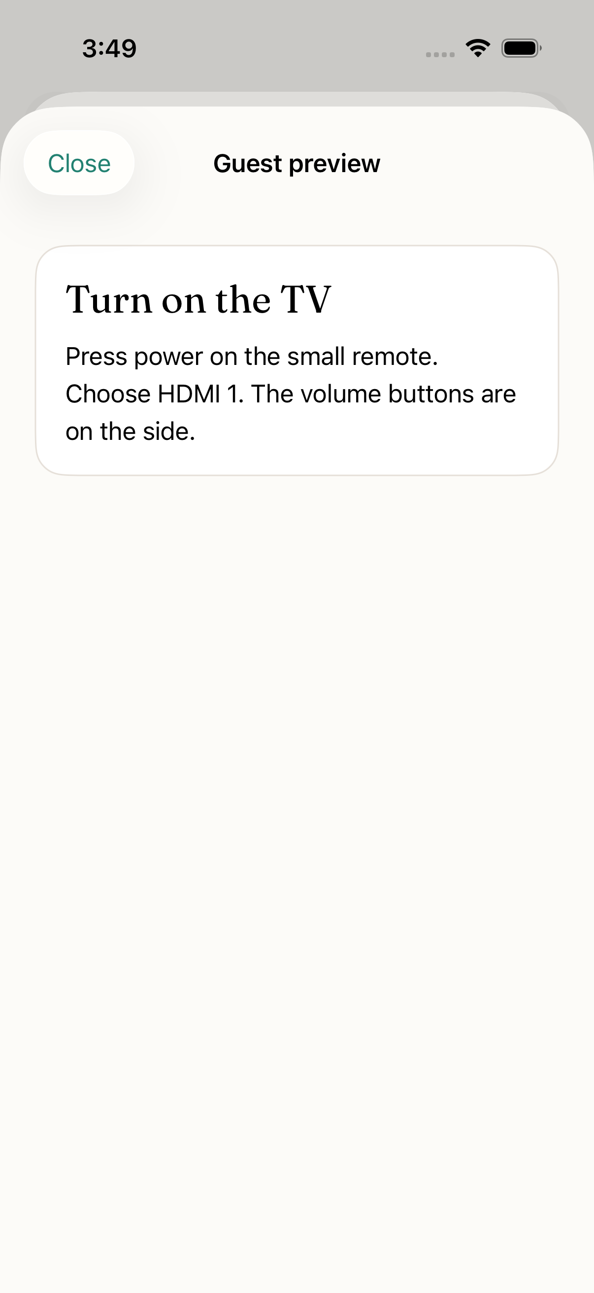 StayBetter iPhone guest preview showing an instruction before publication.